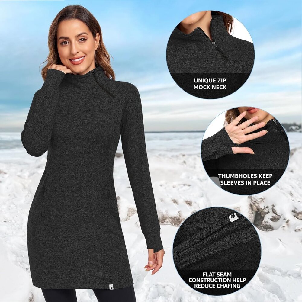 Women's Fleece Running Dress Tunic Sweatshirt 1/4 Zip Mock Neck Dress Black - Picture 2 of 5